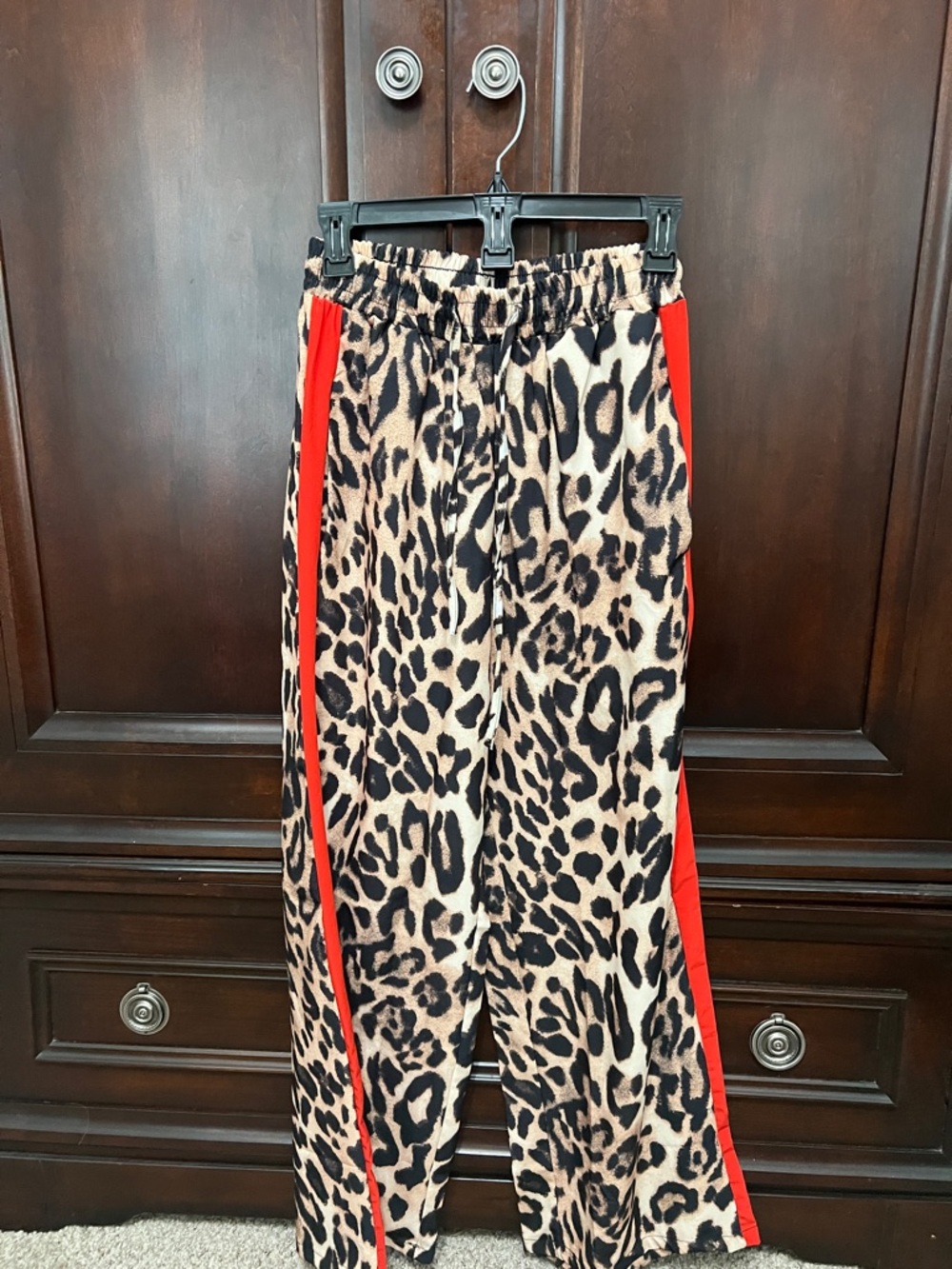 Leopard Print Wide-Leg Pants with Red Side Stripes